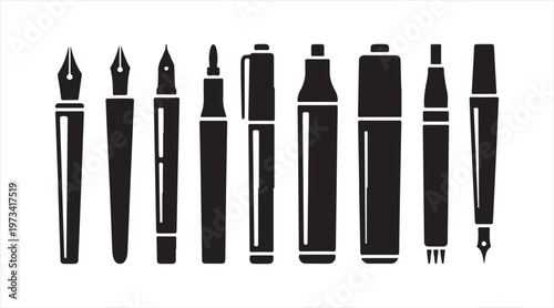 Assorted pen silhouettes with fountain marker and ballpoint icons set