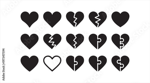 Broken heart icon set with love heartbreak and emotional symbols collection