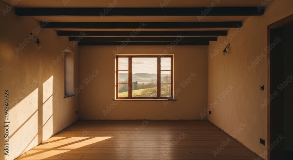 Obraz premium Empty room with unfinished plaster walls and warm sunlight streaming through a large window overlooking a scenic landscape