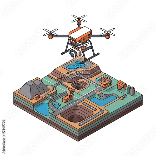 Drone Surveying Mining Site - Isometric View of Technology in Action.