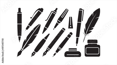Writing tools icon set with quill pen ink bottle and stationery collection