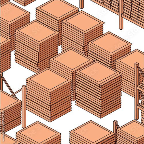Isometric Stacks of Square Tiles with Wooden Racks Illustration.