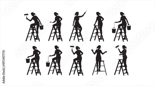 Worker ladder icons set with maintenance repair and construction silhouettes