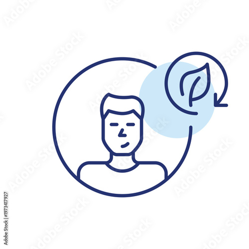 Male user avatar, leaf and renew arrow. Ecology forums and activists. Pixel perfect, editable stroke vector icon