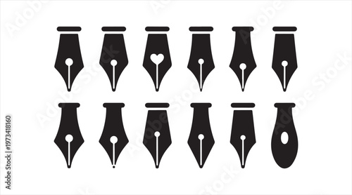 Fountain pen nib icon set with calligraphy and writing tool silhouettes