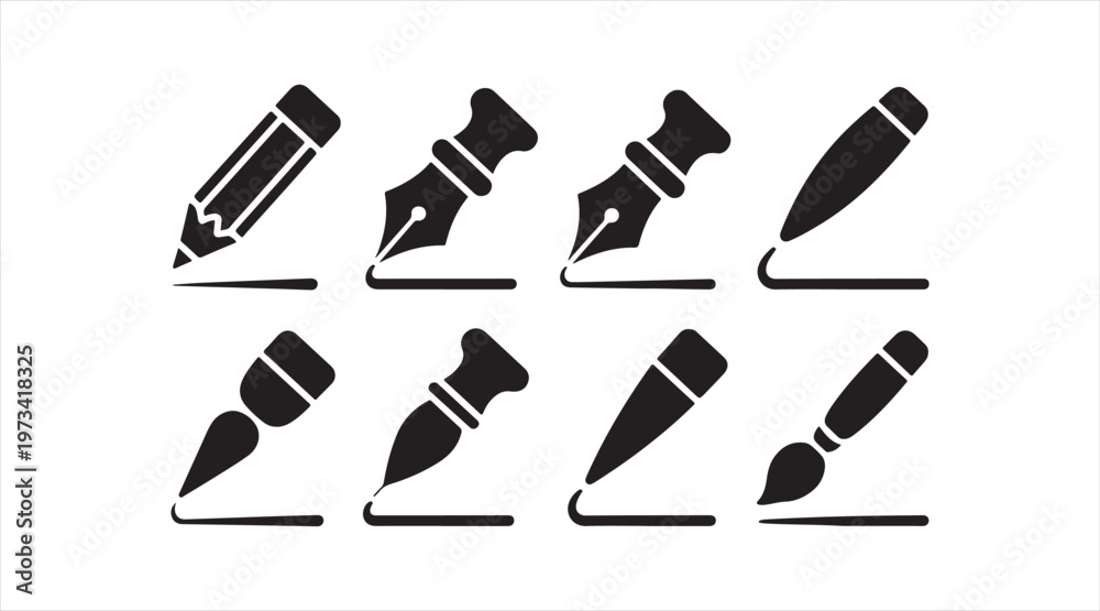 Fototapeta premium Handwriting tools silhouettes with pens and drawing symbol pack