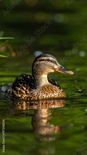 A close-up shot features a duck with brown and black feathers, swimming in the green waters of a pond. The image highlights the duck's detailed features