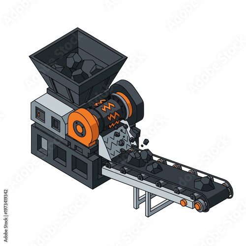 Isometric Coal Crusher Machine Illustration with Conveyor Belt.