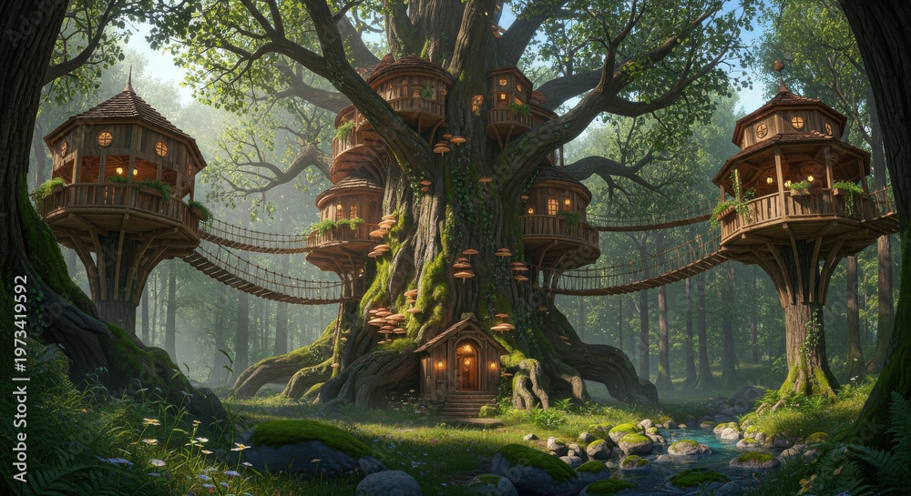 Fototapeta premium Whimsical treehouse village in a misty forest with rope bridges