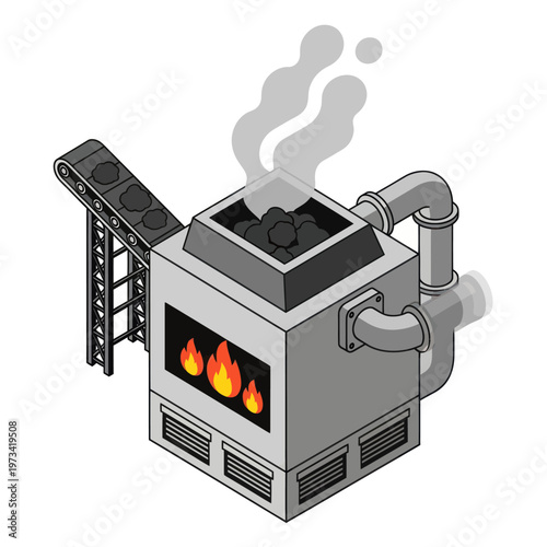 Isometric Illustration of an Industrial Incinerator with Conveyor Belt.