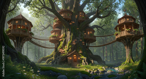 Whimsical treehouse village in a misty forest with rope bridges