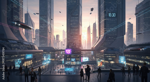 futuristic cityscape at sunset with sleek skyscrapers and flying vehicles
