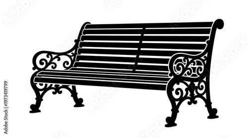 Classic Ornate Park Bench Silhouette on Isolated White Background for Public Seating