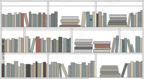 Bookshelf filled with various books in a minimalist illustration style.