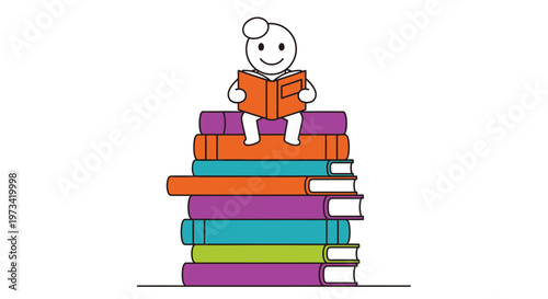 Cartoon character reading book on stack of colorful books.