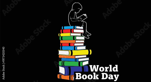 Child silhouette reading on a stack of colorful books for World Book Day.