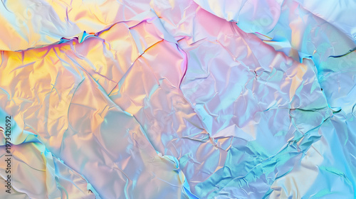 Iridescent crumpled foil texture abstract background with pastel holographic colors