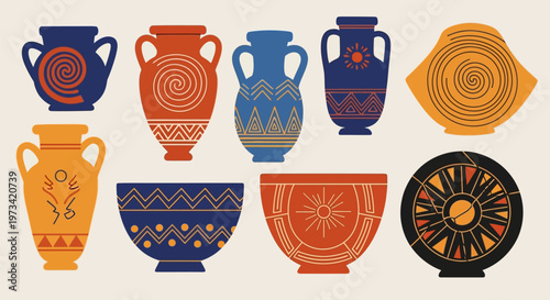 Collection of Ancient Greek Pottery and Ceramic Vessels with Traditional Patterns.