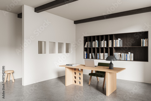 Minimalist office interior with modern wooden desk, organized shelving, soft lighting and clean architecture creating a serene workspace design concept. 3D Rendering