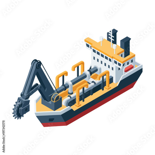 Isometric Illustration of a Cutter Suction Dredger Vessel.