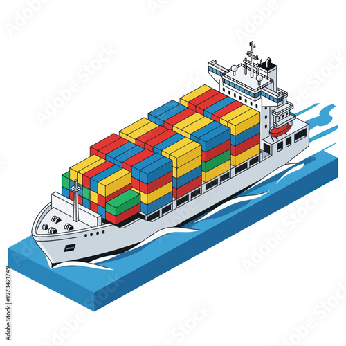 Isometric Cargo Ship Transporting Colorful Containers Across the Ocean.