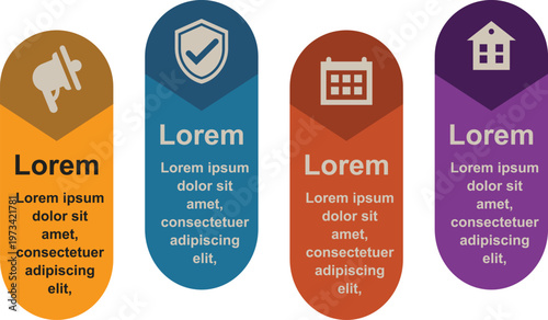 Four colorful informational badges with icons and placeholder text