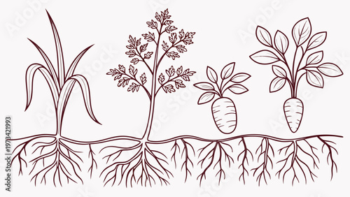 Illustration showing the growth stages of root vegetables and plants with visible root systems.