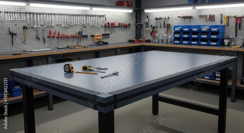 A well-equipped workshop featuring a sturdy workbench with tools, organized storage, and bright overhead lighting
