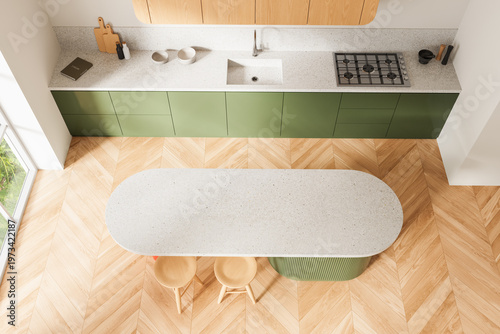Modern kitchen interior top view with green cabinets, terrazzo surfaces, wooden textures, minimalist design and bright architecture concept captured cleanly. 3D Rendering