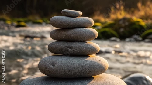 Stacked stones balanced by a river at golden hour