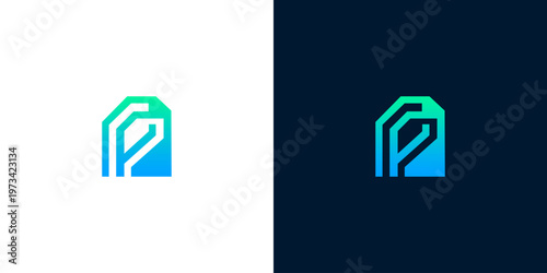 Modern abstract 'P' logo mark design, dynamic gradient colors, unique technology and business icon