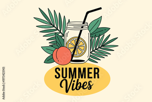 Summer vibes mason jar with citrus and palm leaves flat lay illustration