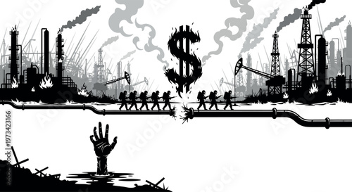 Industrial scene with polluting factories, oil rigs, bursting pipeline, walking figures, and a hand reaching from sludge.