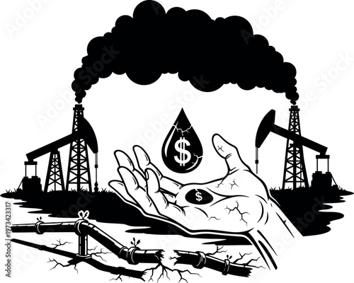 Industrial oil production silhouette with cracked hand reaching for oil drop and money symbol representing greed.