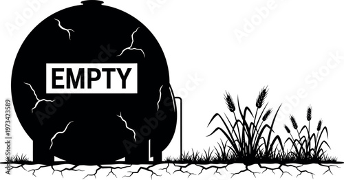 Silhouette illustration of empty cracked fuel tank with barren dry land and wheat plants on transparent background.