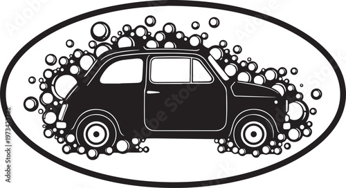 Car Wash Service Silhouette Icon: Vintage Small Car with Soap Bubbles