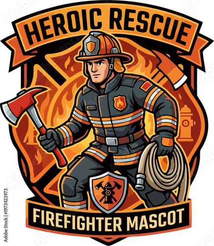 Heroic Firefighter Mascot Logo with Axe and Hose, Fire Rescue Shield Vector Illustration