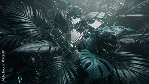 A captivating, surreal blend of dark teal tropical foliage, featuring detailed palm and monstera leaves intricately intertwined with numerous glowing, transparent, gold-framed glass cubes,...