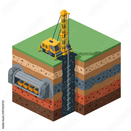 Isometric View of Drilling Rig and Underground Tunnel Construction.