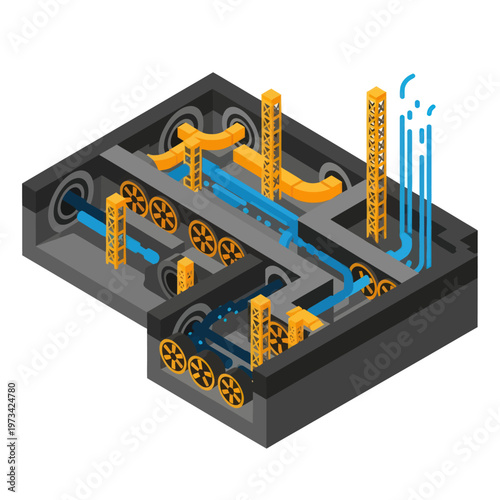 Isometric Water Treatment Plant Illustration with Filtration System.