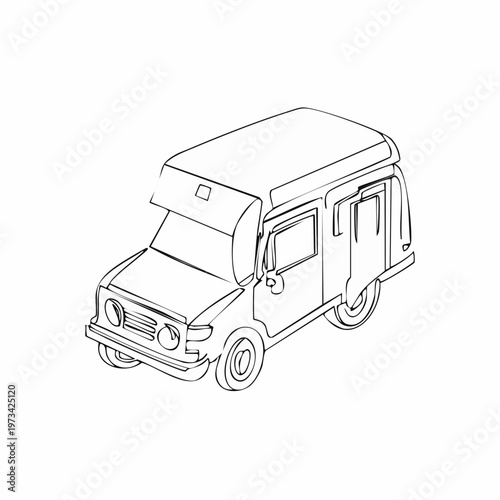 Detailed Line Art Drawing of a Classic Camper Van.
