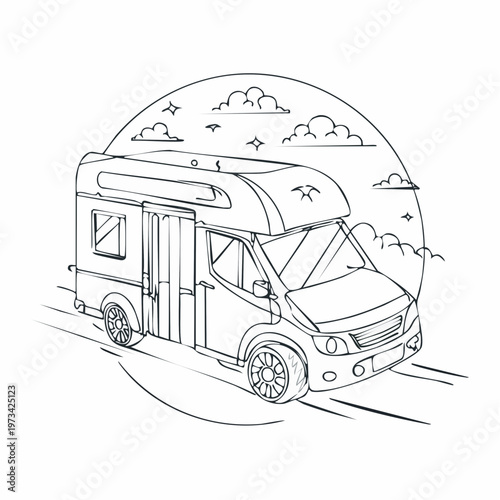 Detailed Line Art Illustration of a Modern Camper Van.
