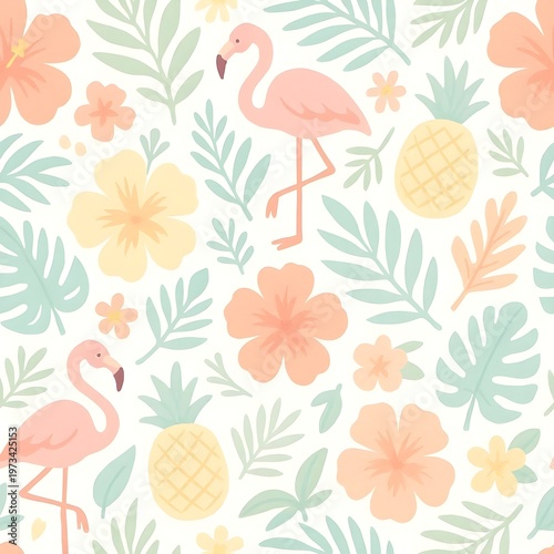 Seamless summer tropical pattern with hibiscus flowers, palm leaves, pineapples and flamingos, bold bright colors, flat vector illustration style, white background, tileable