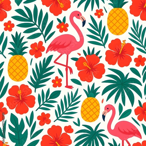 Seamless summer tropical pattern with hibiscus flowers, palm leaves, pineapples and flamingos, bold bright colors, flat vector illustration style, white background, tileable