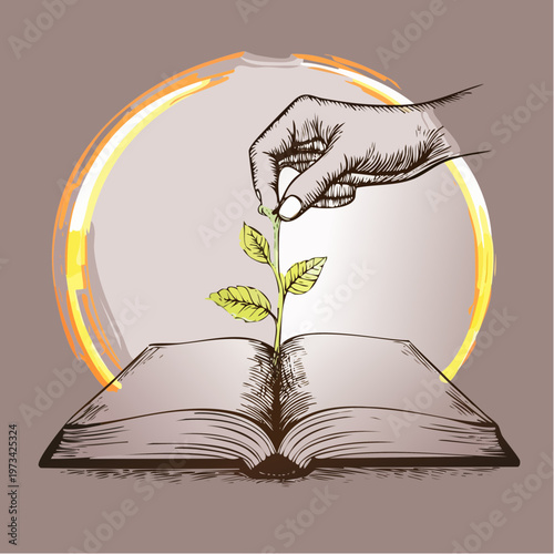 Hand nurturing a plant growing from an open book.