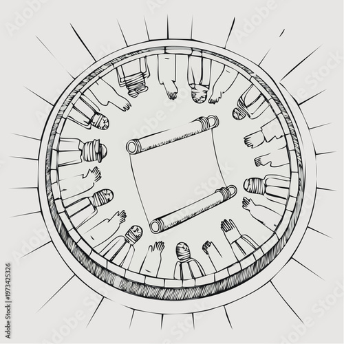 Overhead view of a circular table with people and scrolls.