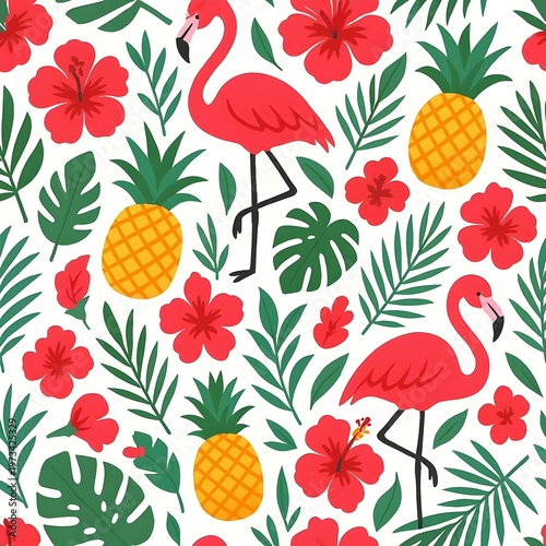 Seamless summer tropical pattern with hibiscus flowers, palm leaves, pineapples and flamingos, bold bright colors, flat vector illustration style, white background, tileable
