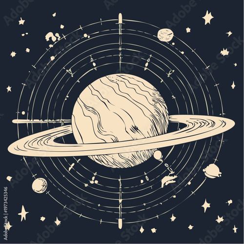 Saturn planet with rings and celestial bodies in space.