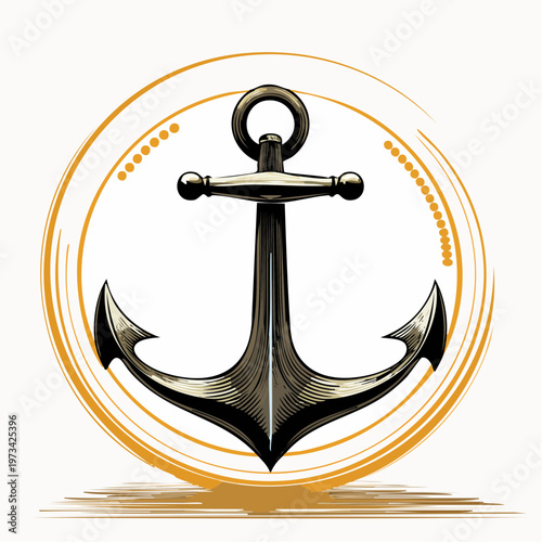 Stylized Anchor with Red Top and Golden Circle Frame.