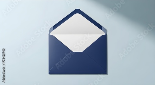 Open dark blue envelope with white paper inside on a light blue background